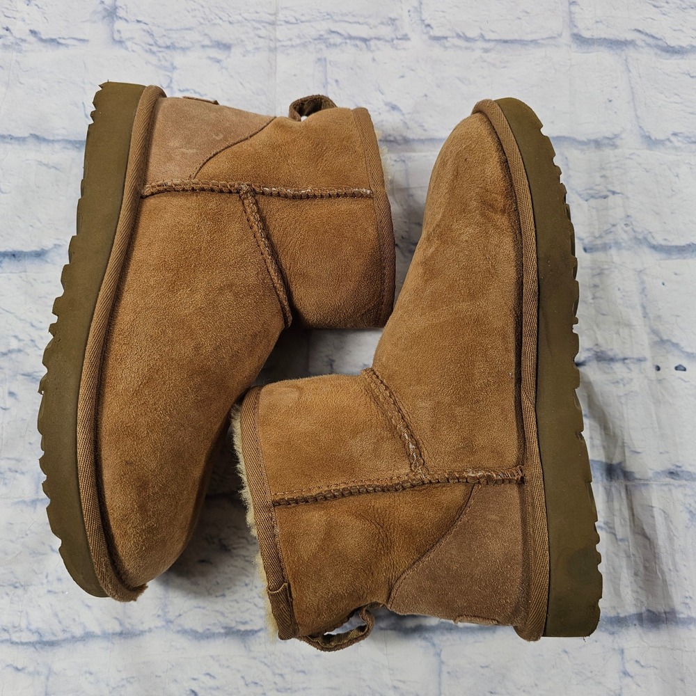 UGG Classic Mini II Boots Womens 7 Chestnut Brown Suede Shearling Ankle Booties - Picture 4 of 13